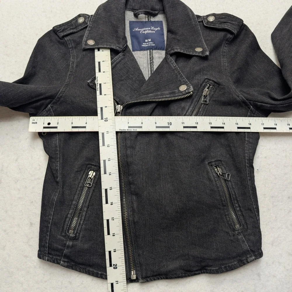 American Eagle Denim Moto Jacket Womens Medium Black Asymmetrical Zip Biker - Picture 5 of 9